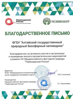 Благодарность за активное участие в VIII Общероссийском фестивале "Первозданная Россия"